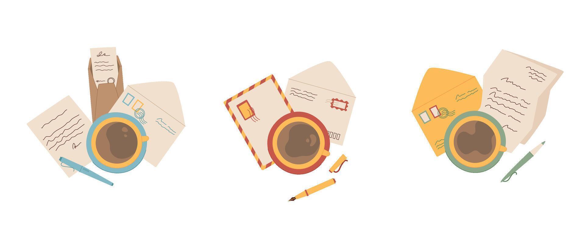 Cartoon top view craft letter composition, flat handwritten mail at the table with coffee and pen template, creative greeting postcard design collection, trendy handmade post card illustration, vector