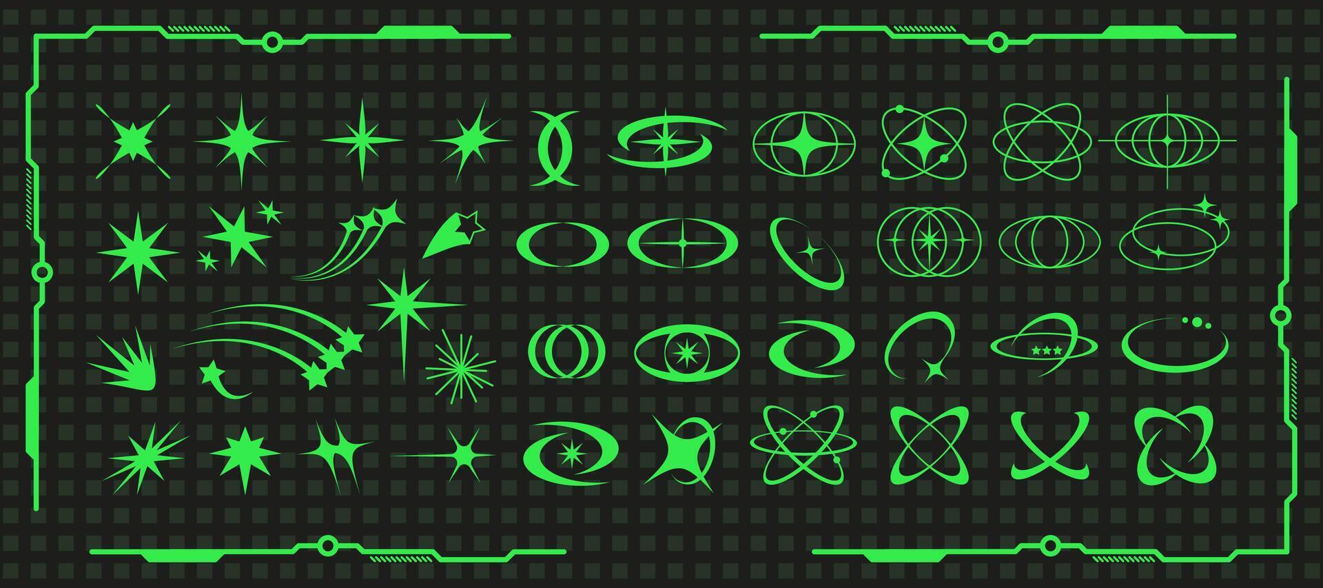 Vintage streetwear y2k star and atom shape design, trendy 90s planet earth symbol graphic, cyber rave globe icon collection, futuristic swirl grid decoration set, groovy green neon star sign , vector
