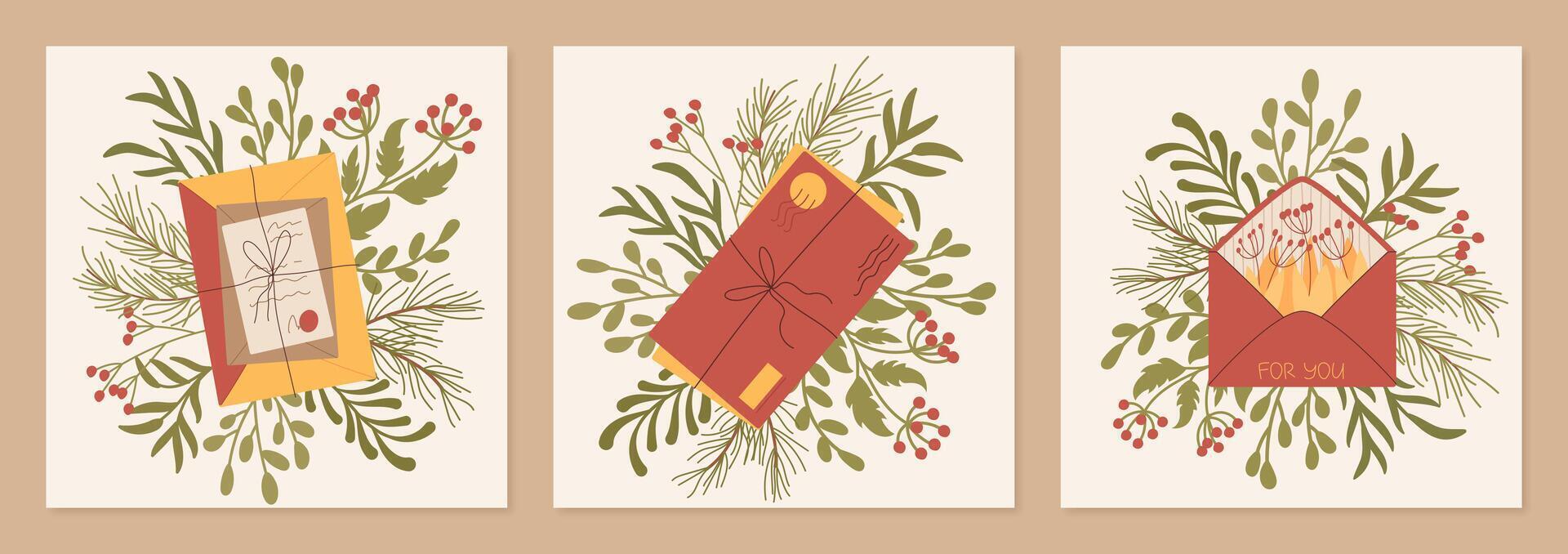 Trendy style craft square post card background, cartoon greeting social media postcard design, flat paper mail background template, creative handmade letter illustration with plants and leaves, vector