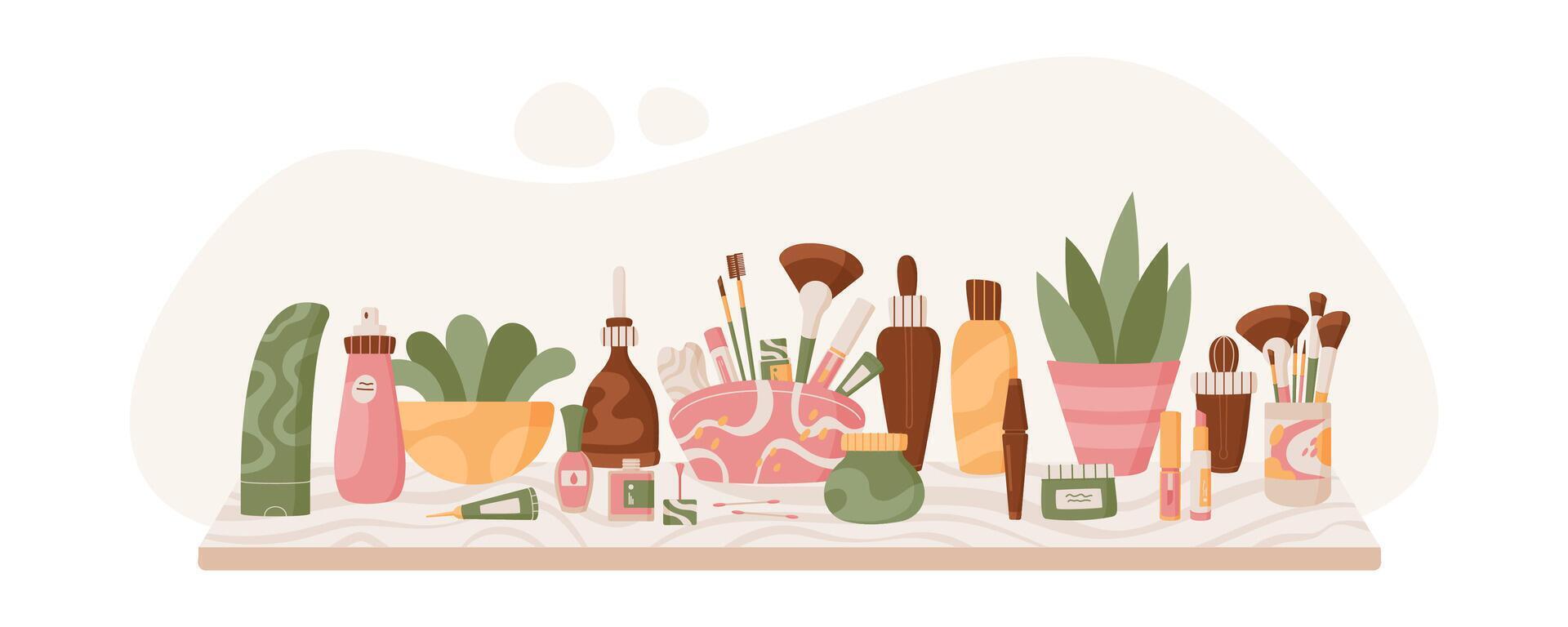 Trendy organic bodycare product collection, colorful fashion skincare oil bottle, flat natural beauty package composition at the shelf, cartoon eco cosmetic pack set with plants at the table. vector