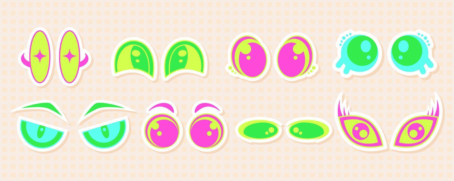 Trendy y2k aesthetic cute eyes sticker pack, retro abstract funny face , space trippy groovy cute look design, futuristic psychedelic acid expression icon graphic, vintage streetwear rave form vector