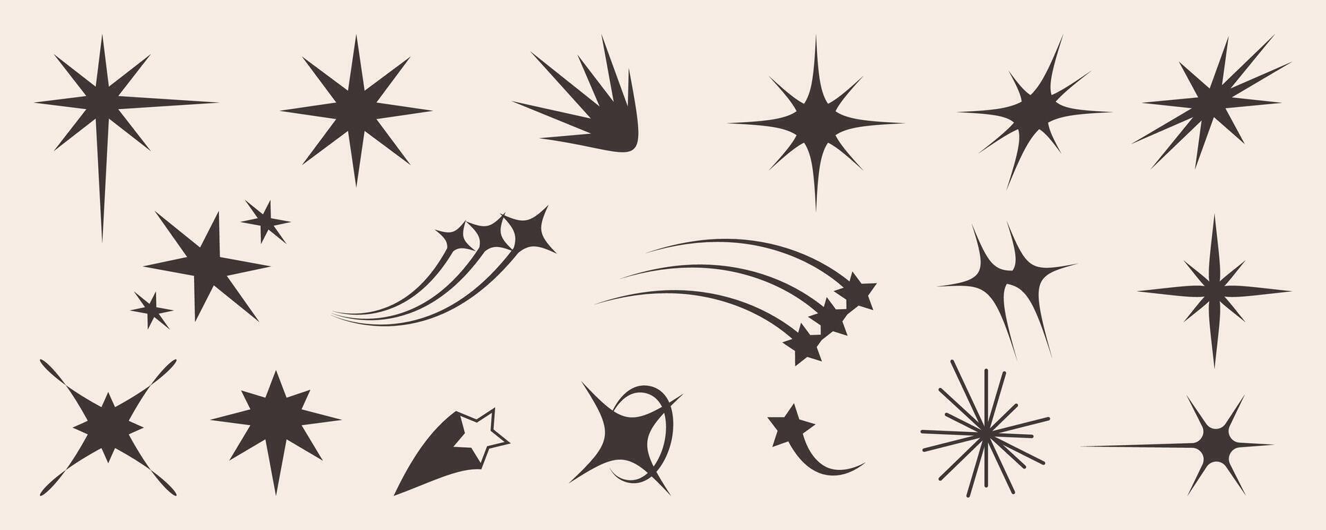 Abstract retro aesthetic star element collection, futuristic groovy sparkle symbol graphic, space comet rave decoration design, vintage twinkle y2k shape collection, geometric trendy 90s icon set. vector