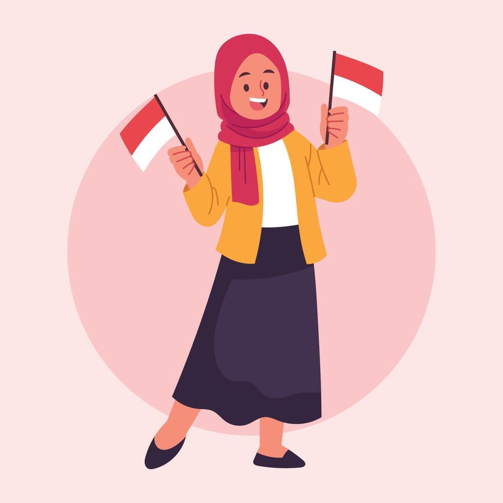 moslem girl people celebrate independent of indonesia illustration vector