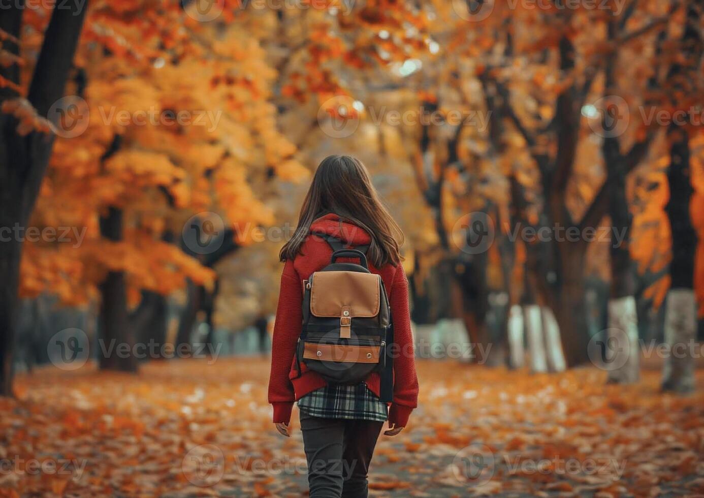 Concept for autumn and school. A girl with a backpack walks through the autumn park photo
