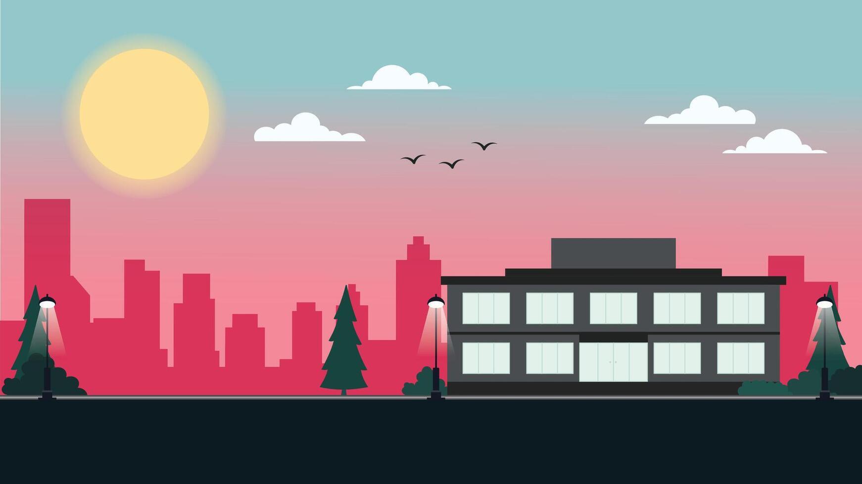 Hotel Apartment Building Landscape with Cityscape and Sun in the Morning Sky vector