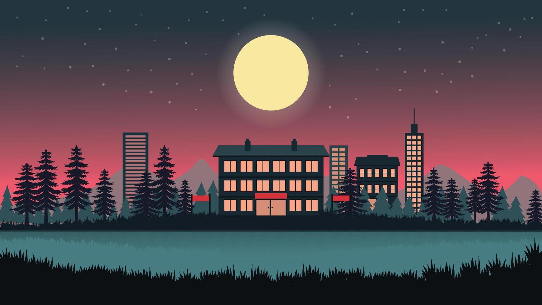 Beautiful Hotel Apartment Building Landscape with Cityscape and Full Moon in the Evening vector