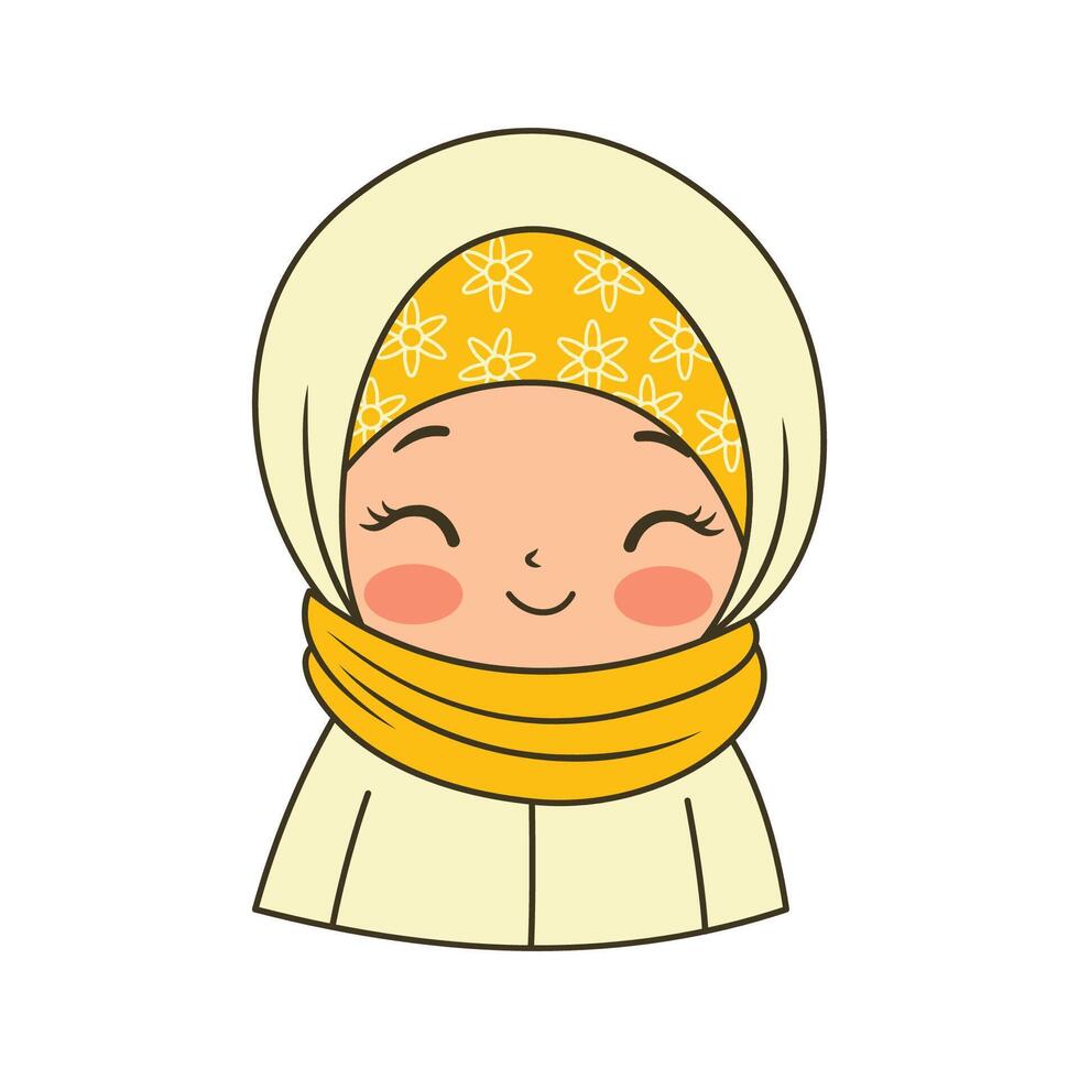 Beautiful Islamic Muslim Little Girl Cartoon Character Wearing Yellow Hijab While Smiling vector