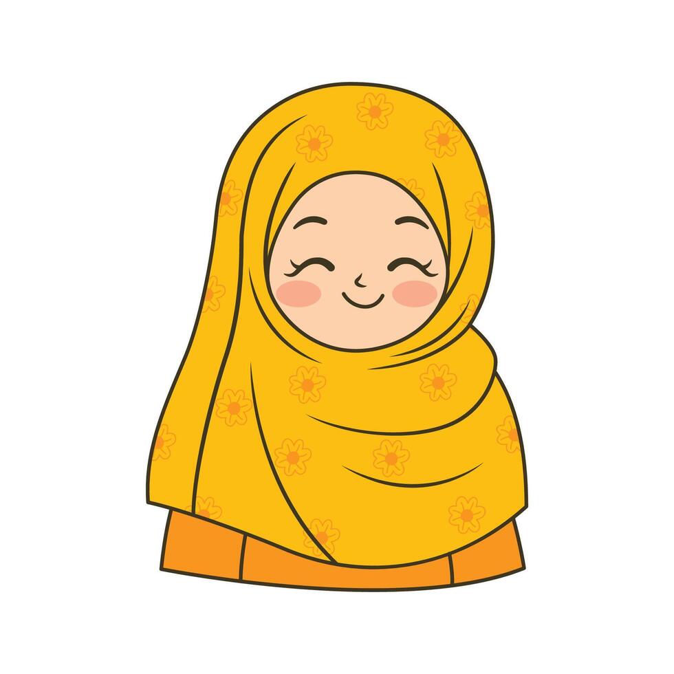 Beautiful Islamic Muslimah Girl Cartoon Character Wearing Pattern Yellow Hijab While Smiling vector