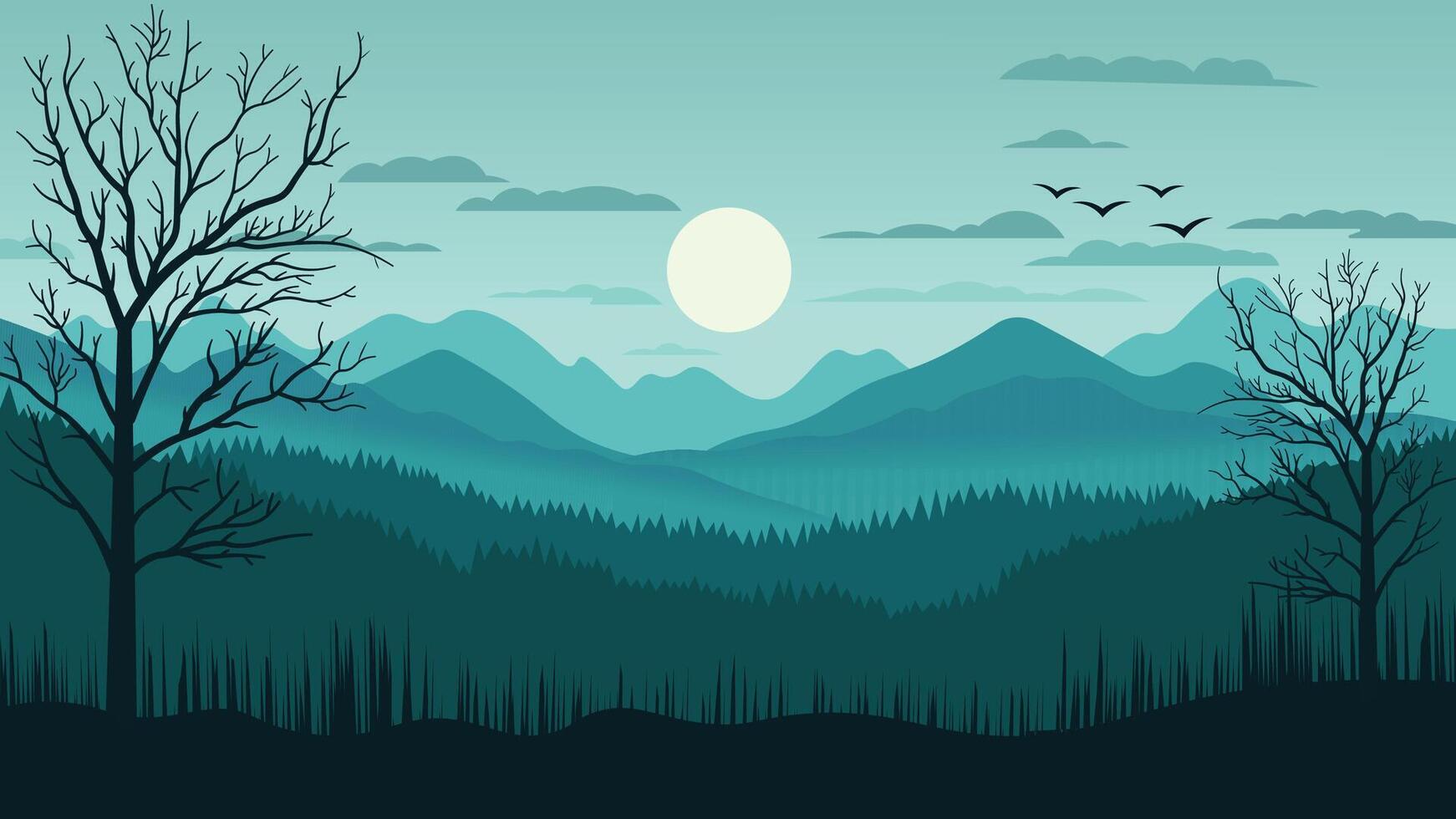 Mountains Hills Nature Landscape with Barren Tree and Sun in Bright Sky vector