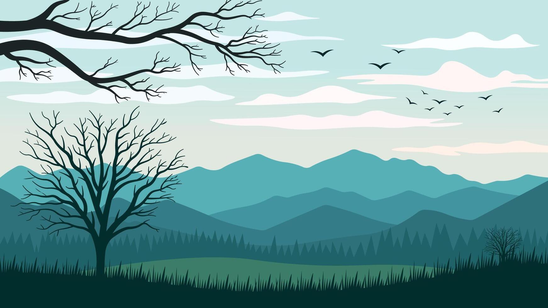 Beautiful Mountains Hills Nature Landscape with Barren Tree in Bright Sky vector