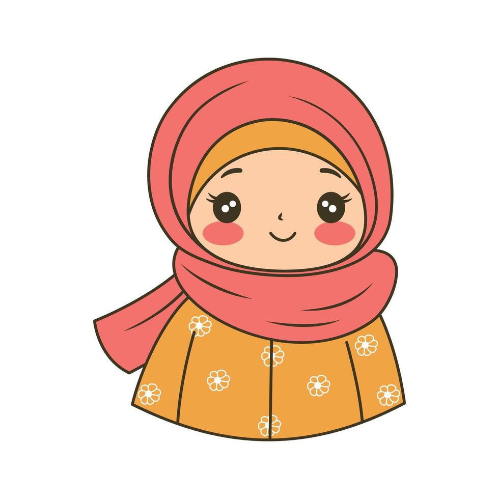 Cute Islamic Muslim Girl Cartoon Character Wearing Pink Hijab with Happy Expression vector
