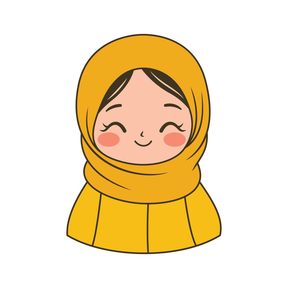 Beautiful Muslim Girl Cartoon Character Wearing Yellow Scarf Hijab While Smiling vector