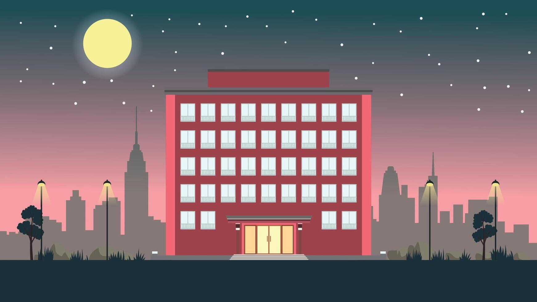 Hotel Apartment Building Landscape with Cityscape and Sun in the Twilight vector