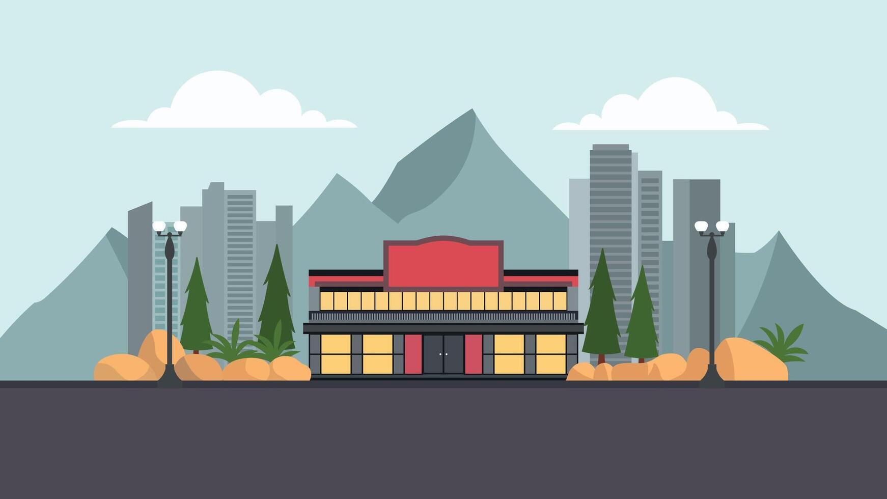 Hotel Building Landscape with Cityscape and Mountain View in Bright Sky vector