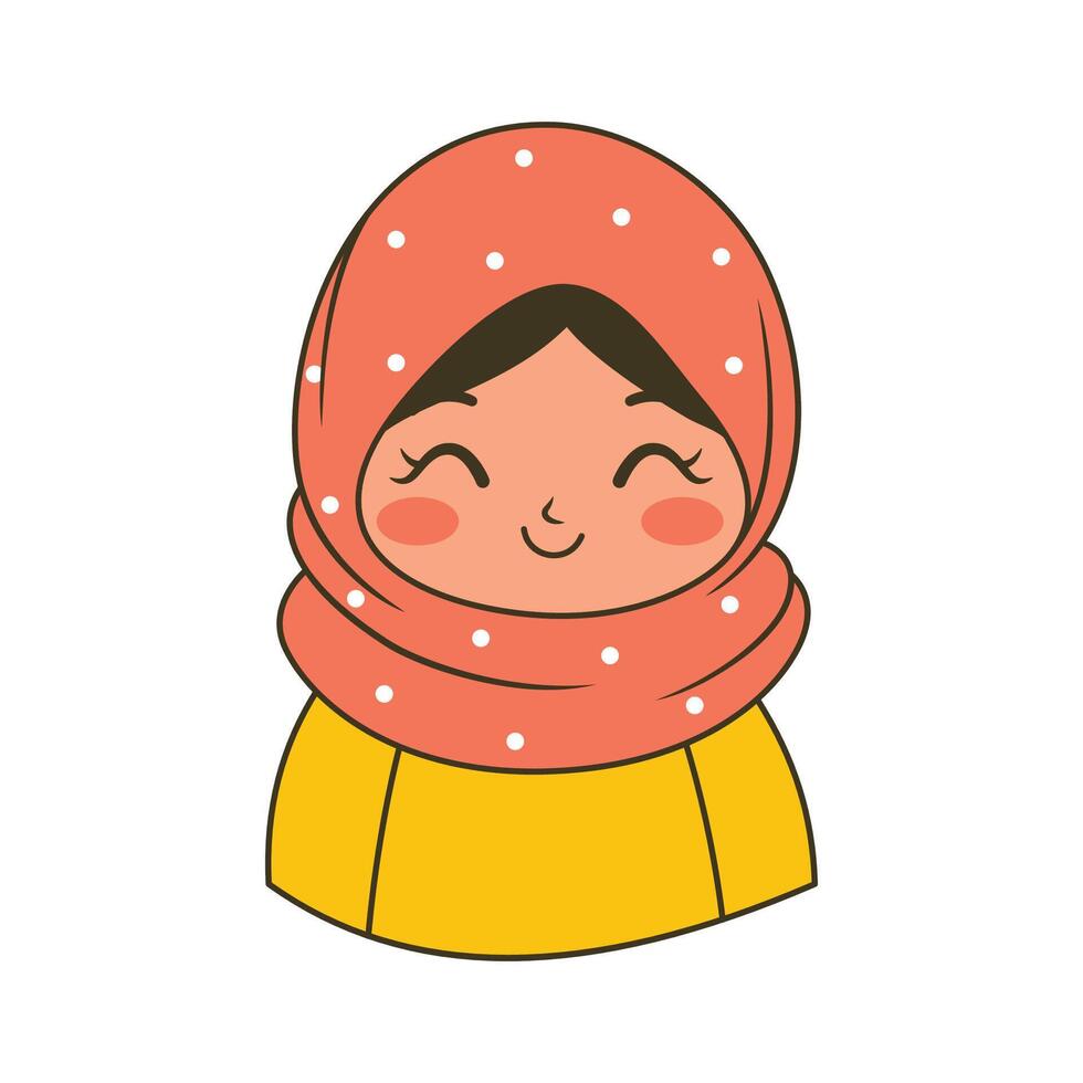 Funny Islamic Muslim Girl Cartoon Character Wearing Pattern Pink Hijab While Smiling vector