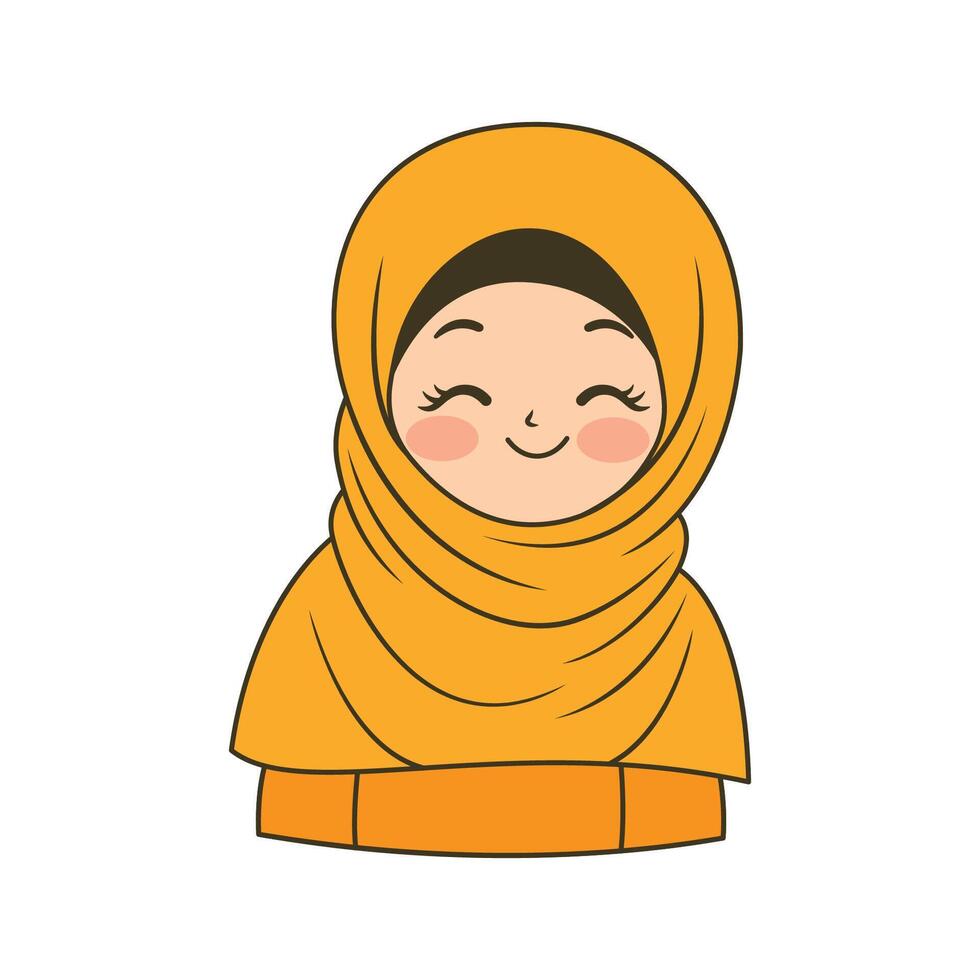 Beautiful Islamic Muslim Girl Cartoon Character Wearing Yellow Hijab with Smile Expression vector