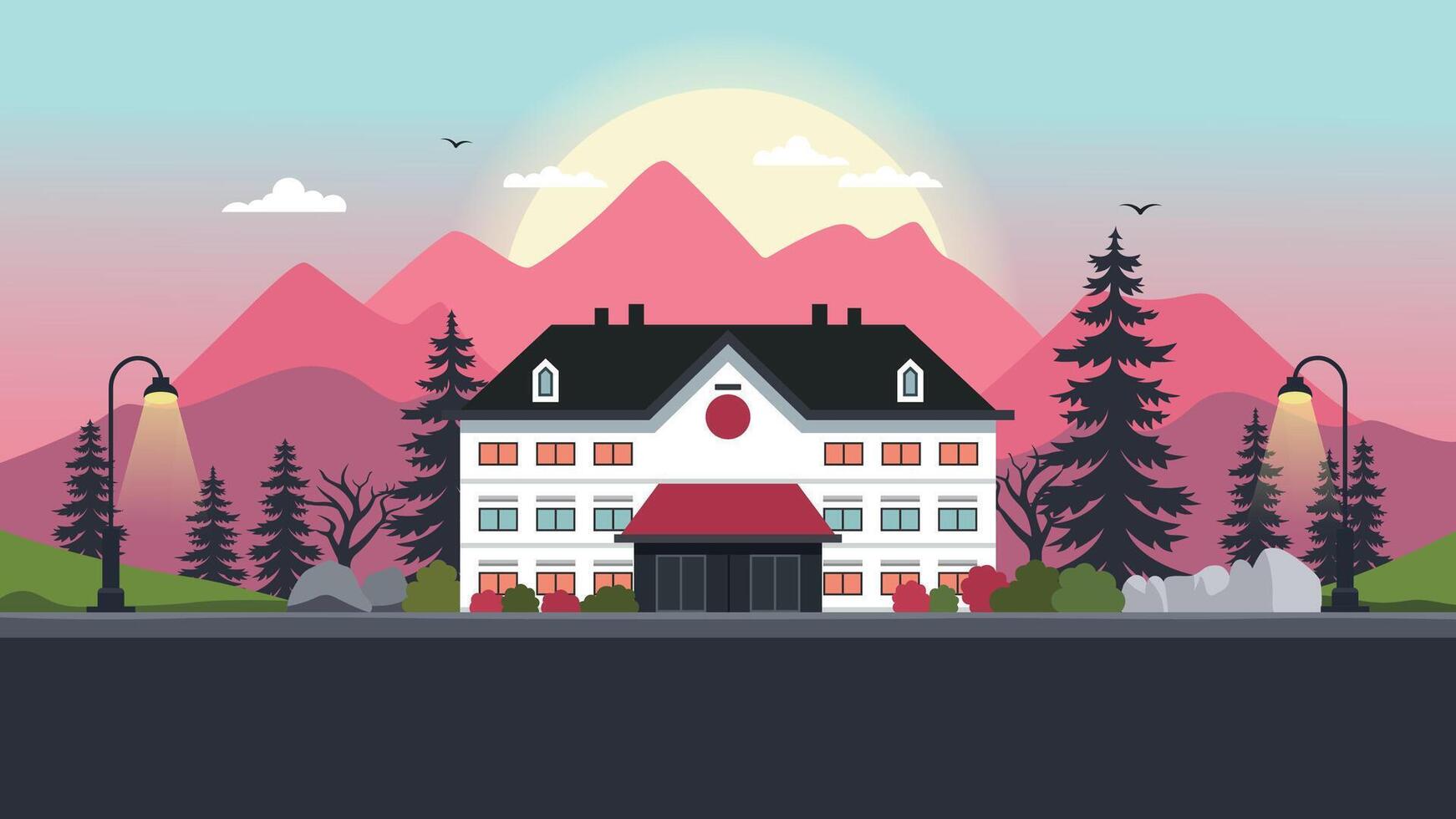 Hotel Apartment Building Landscape with Mountain View and Sun in the Morning vector