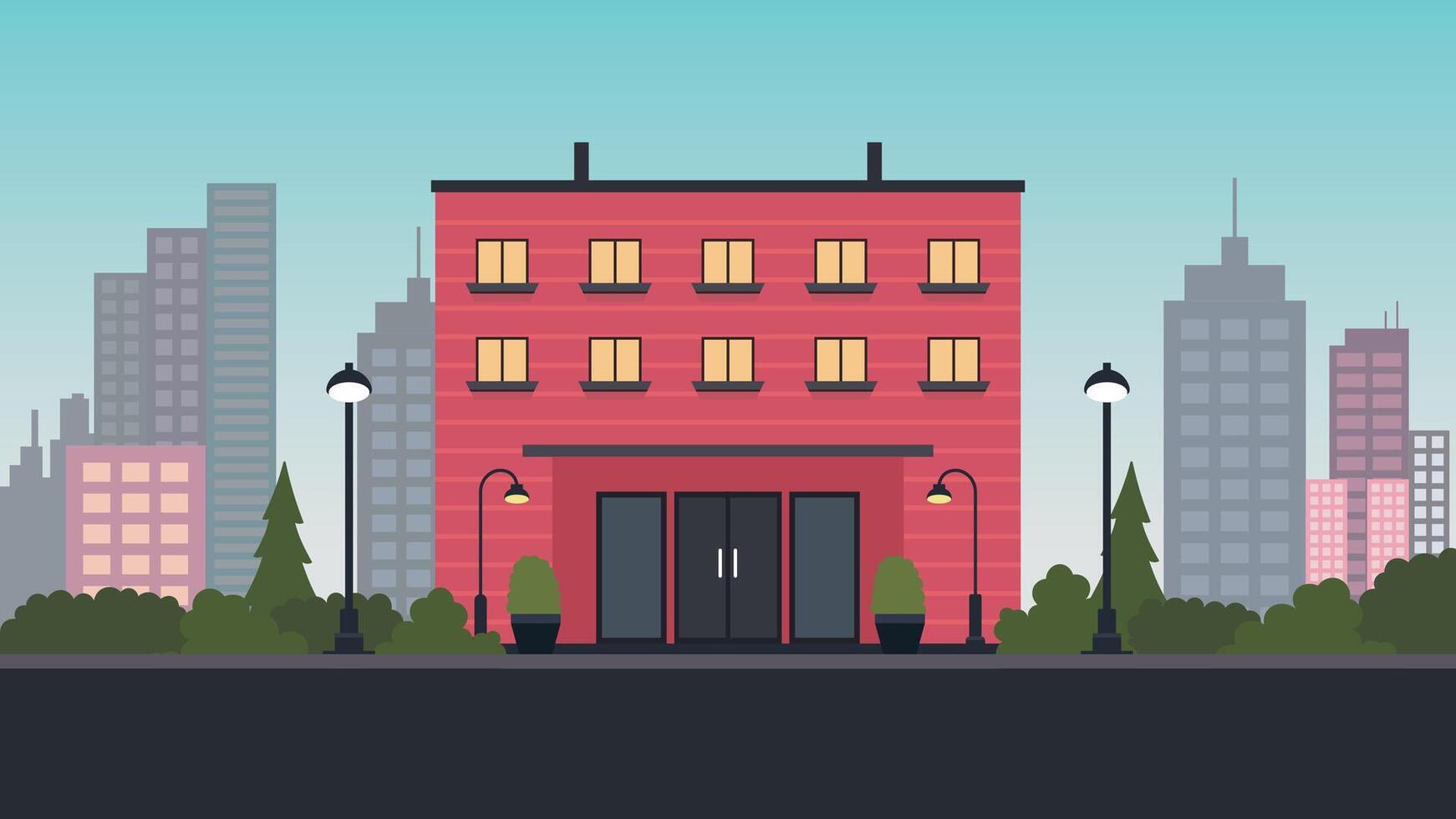 Hotel Apartment School Building Landscape with Cityscape in Bright Sky vector