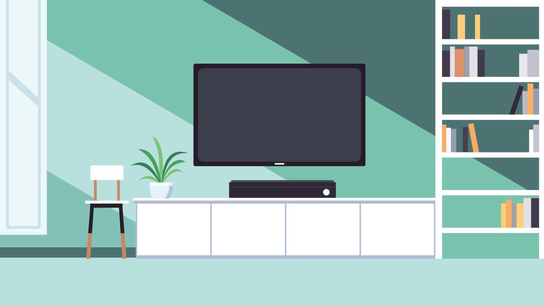 Modern Digital Television in the Minimalist Living Room at Home with Bookshelf vector