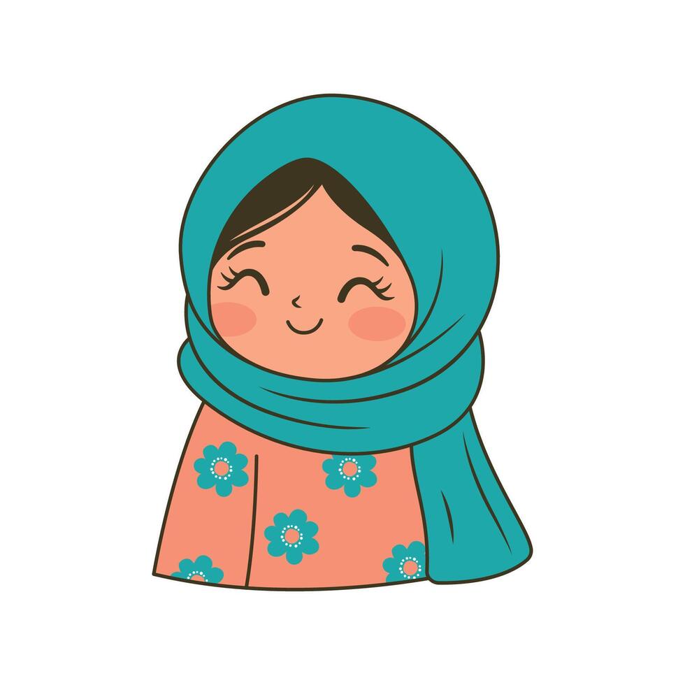 Pretty Islamic Muslim Girl Cartoon Character Wearing Blue Hijab with Smiling Expression vector