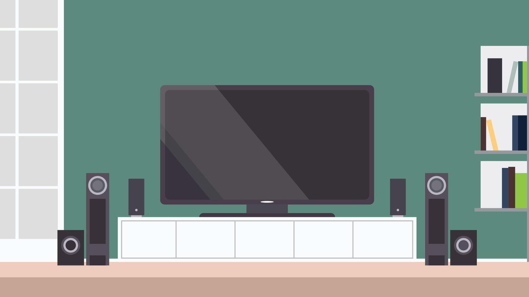 Modern Digital Television in the Living Room at Home with Speaker and Bookshelf vector