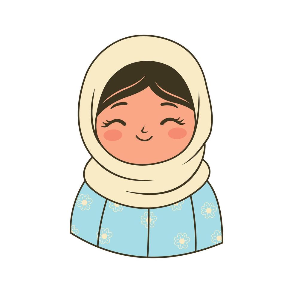 Beautiful Islamic Muslim Girl Cartoon Character Wearing Cream Hijab While Smiling vector