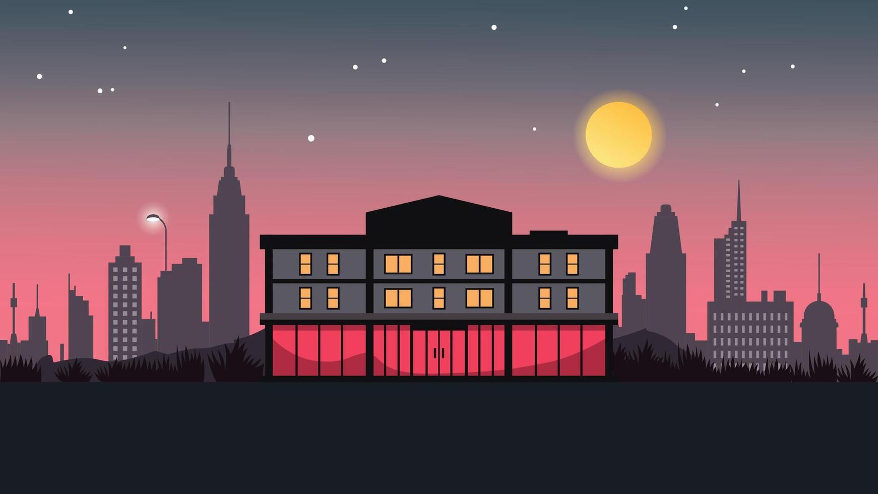 Hotel Apartment Building Panorama Landscape with Cityscape and Sun in the Morning vector
