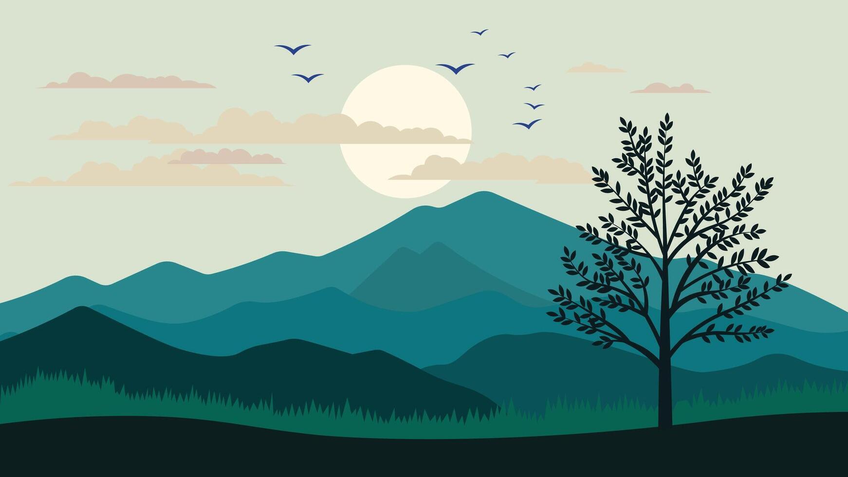 Green Mountains Hills Nature View Landscape with Tree and Sun in the Morning vector