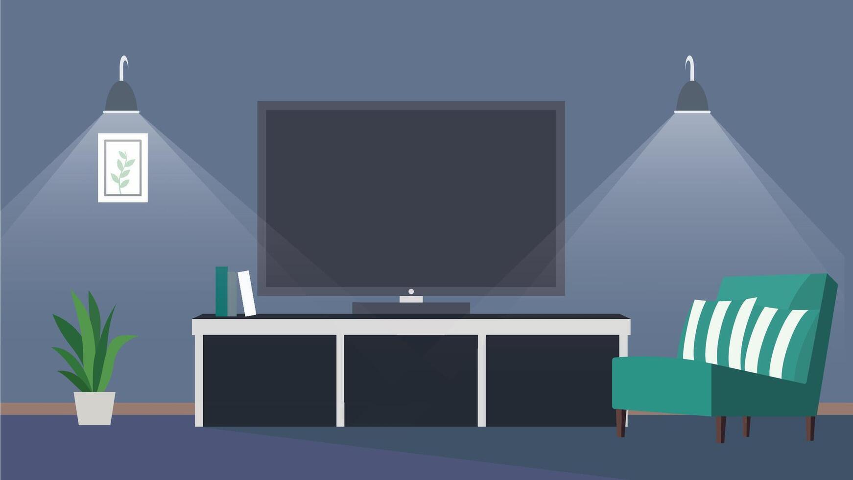 Modern Digital Television on Table in the Living Room at Home with Spotlight Light Lamp vector