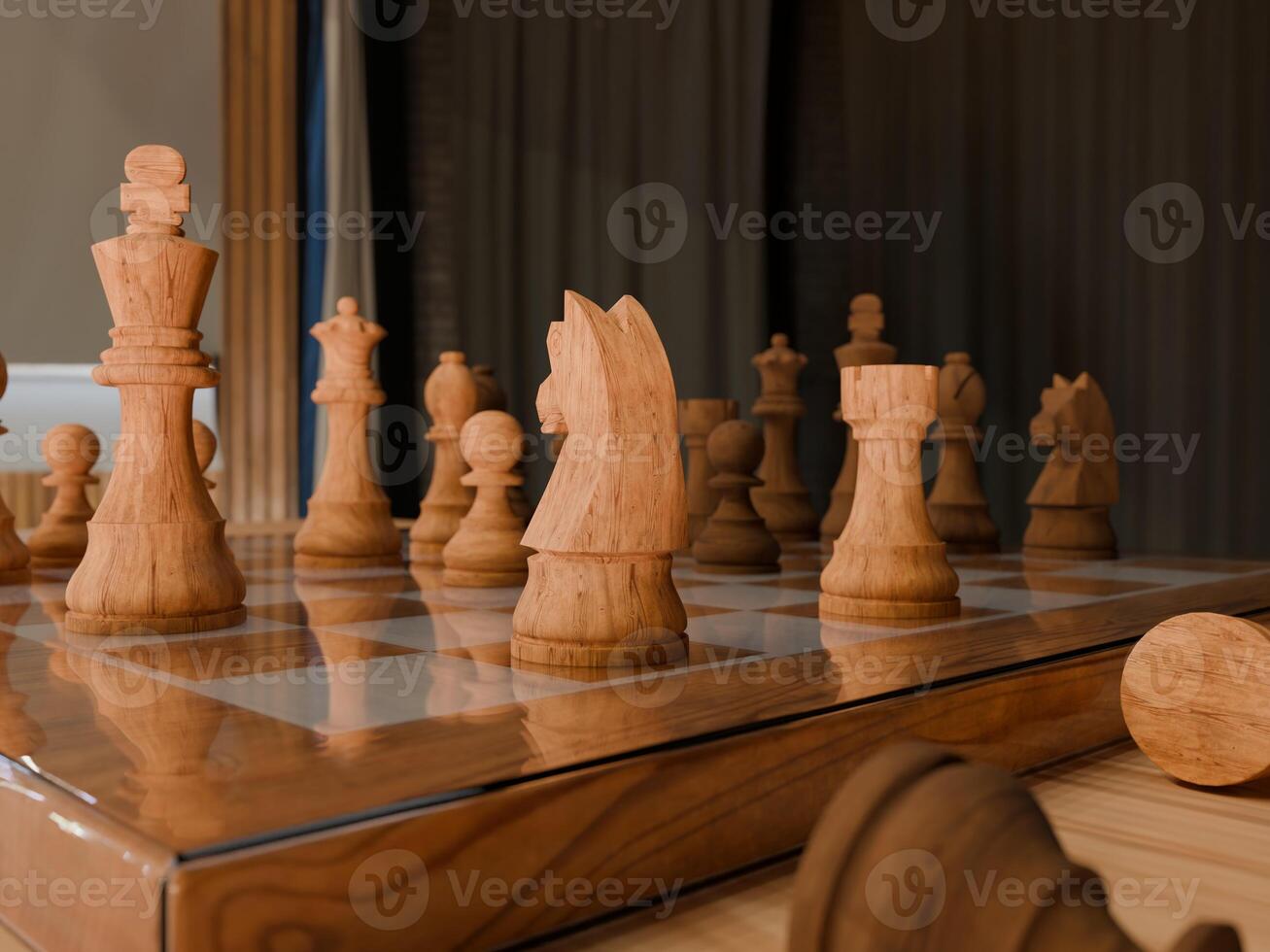 A chess board with wooden pieces on it photo