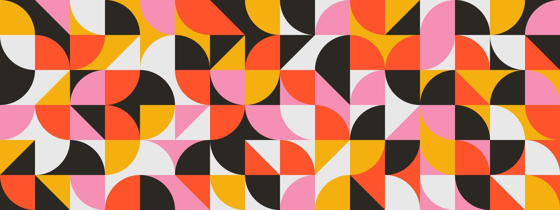 Bright curved seamless pattern. Abstract geometric mid century background. Colorful Swiss modernist or postmodernist style wallpaper. Modular repeating overlay. Red pink yellow mural backdrop vector