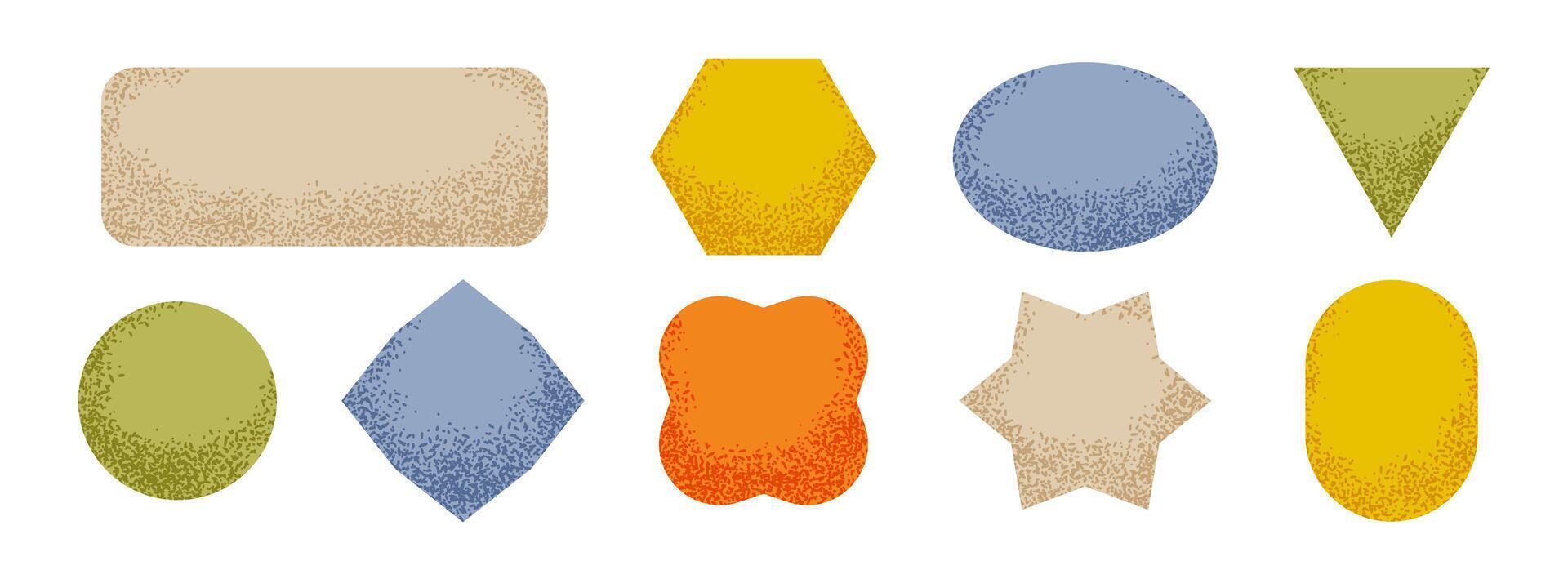 Textured sticker shape collection. Primitive geometric label element pack. Set of abstract dotted blank badges for price tag and sale promotion. Bright noise patch pack. Design elements vector