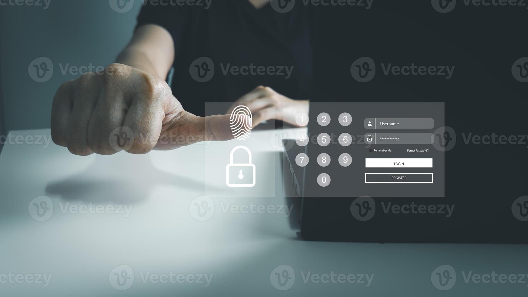 Fingerprint scanner to access information, verify to authentication, touching screen to login security, Internet of things, cloud computing, Internet connection, shopping online and cashless society photo