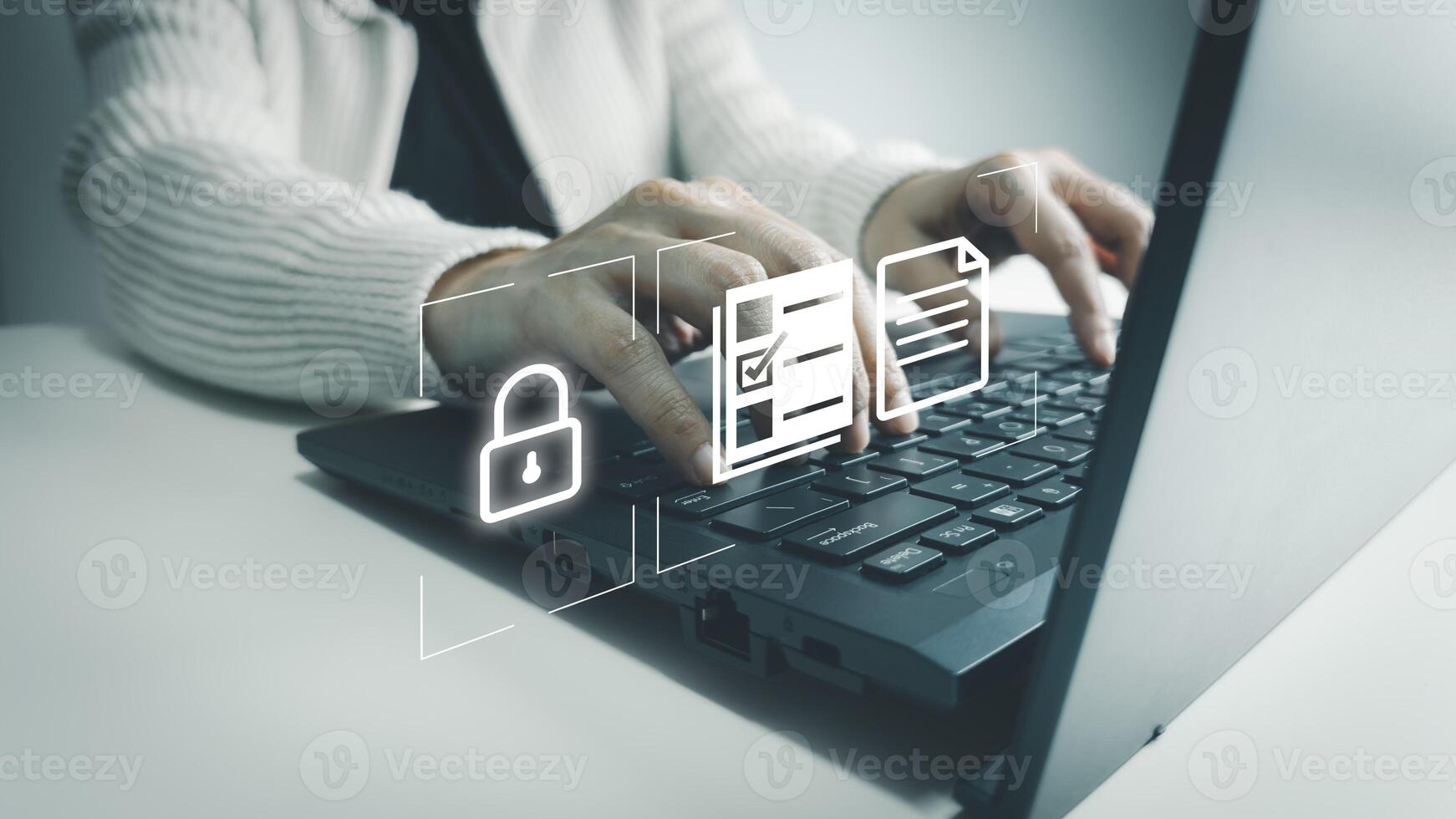 Verification of information with finger print by laptop, Internet security, online financial transaction, 2-step verification, confirm transaction and identity photo