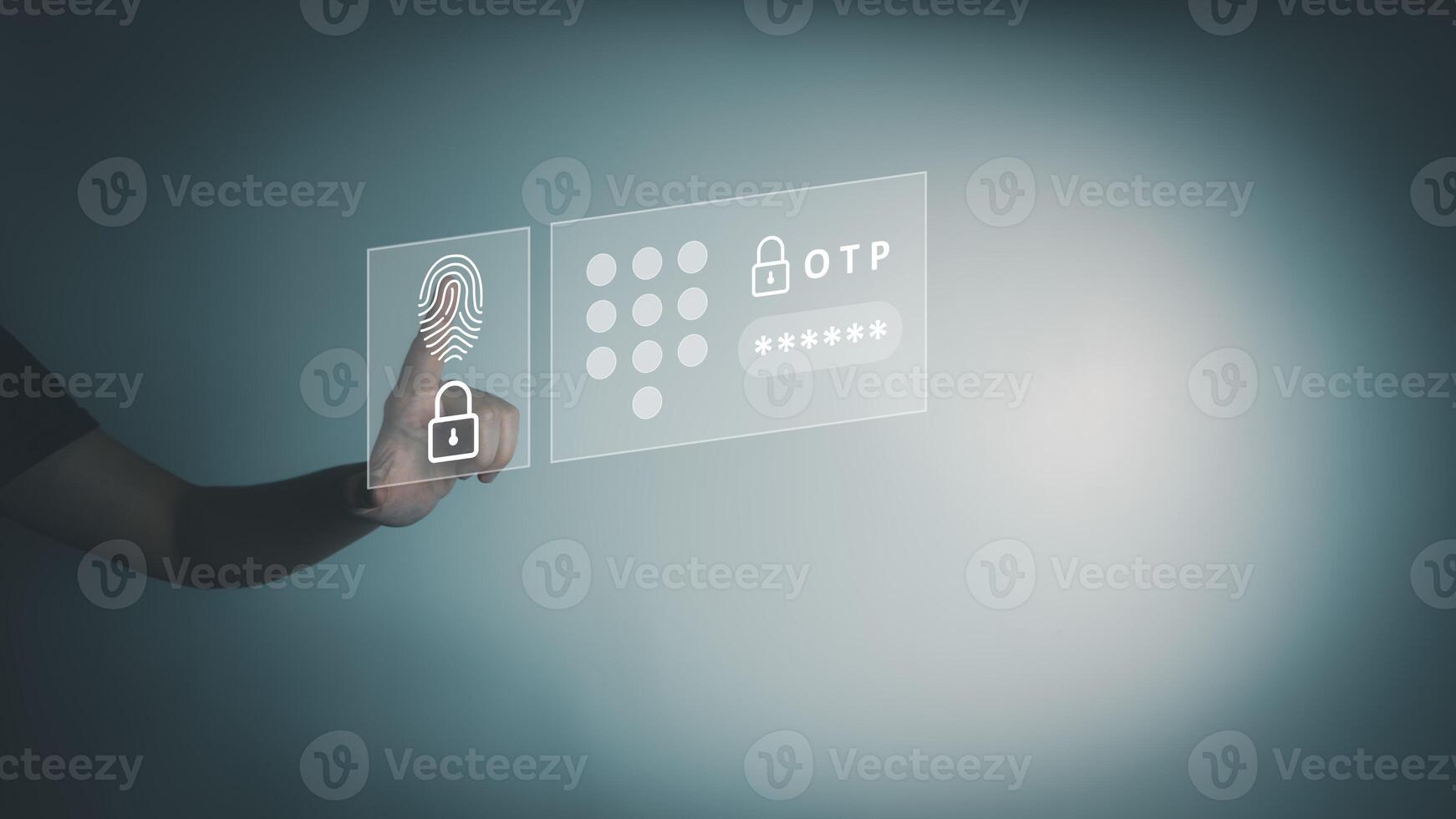 Fingerprint scanner to access information, verify to authentication by otp, touching screen to login security, one time password photo