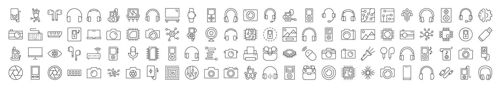 Chip, Headphones, Camera, Memory Card Outline Style Icons for Design, Cards, Apps, Social Networks vector