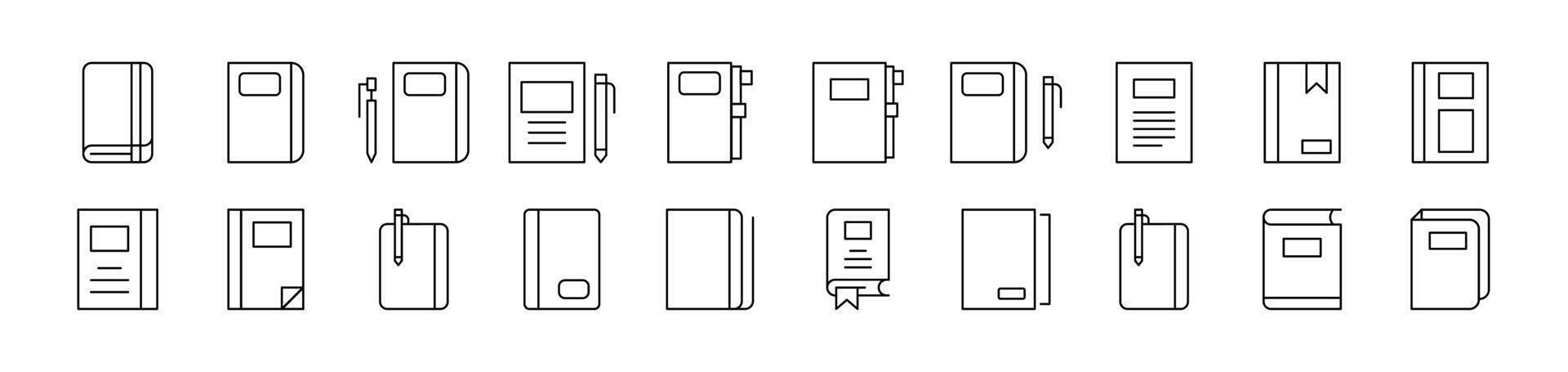 Notebook, Book for Notes Set of Thin Icons. Editable Stroke. Suitable for Web Sites, Books, Cards, Apps vector