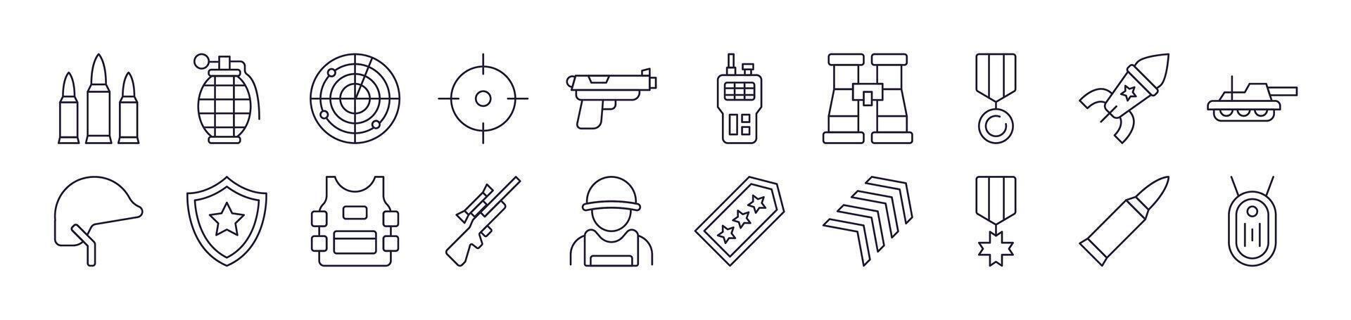 Army and Military Related Line Icon Collection. Editable Stroke. Perfect for Infographics, Articles, Books, Flyers, Banners vector