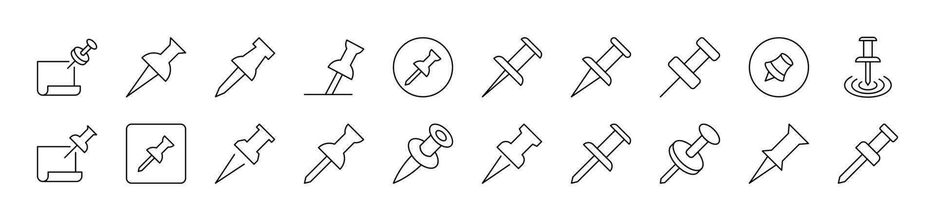 Push Pin for School and Office Outline Simple Linear Image Collection. Editable Stroke. Suitable for Web Sites, Books, Cards, Apps vector