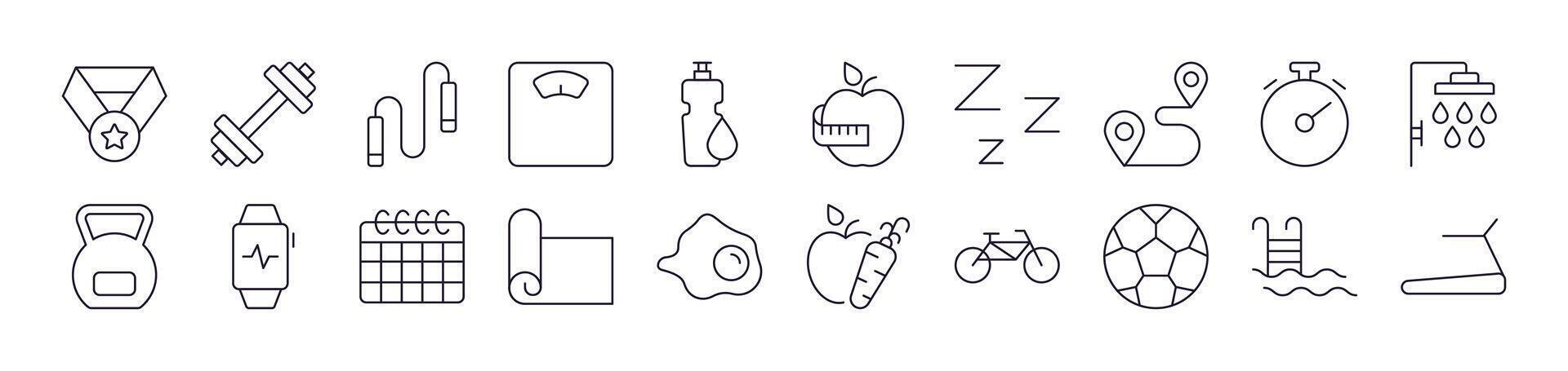 Collection of Icons Healthy Lifestyle, Fitness, Wellness Drawn with Thin Line for apps, web sites, banners, infographics and other types of design vector
