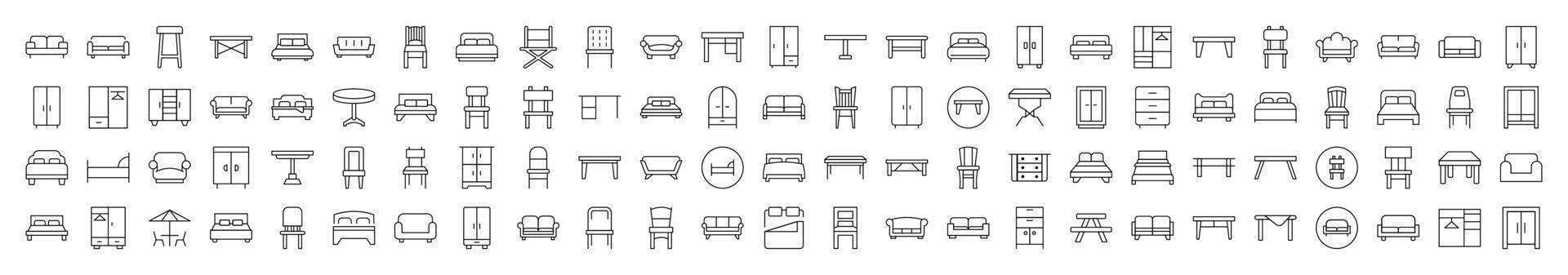 Bundle of Line Icons of Couch, Sofa, Table, Chair. Editable Stroke. Minimalistic Linear Pictogram for Design of Cards, Apps, Banners, Posts vector