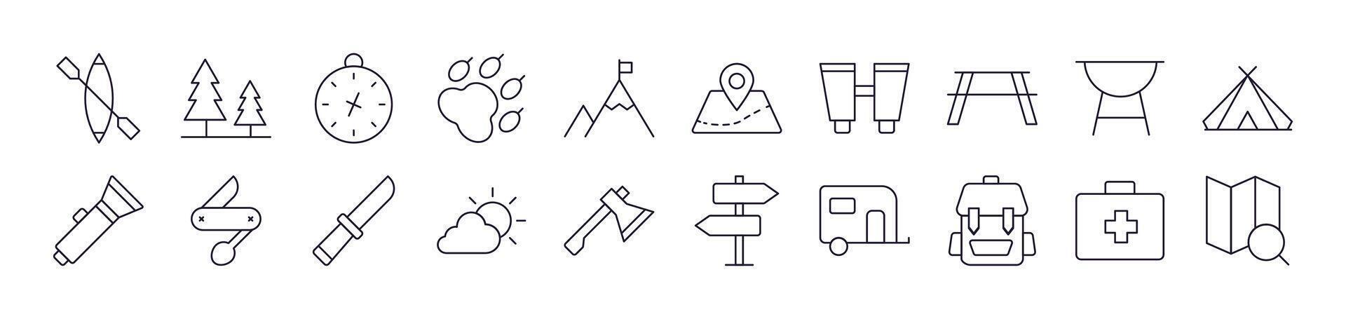 Backpack, Map Pin, Camping, Travel, Vacation Simple Icon Collection. Editable Stroke. Perfect for Infographics, Articles, Books, Flyers, Banners vector
