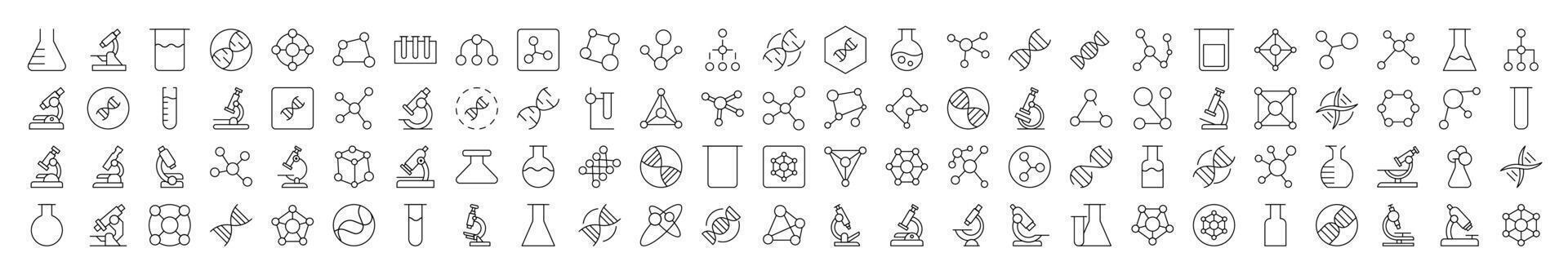 Chemistry Line Icon Pack. Modern Collection for Design, Web Sites, Apps, Cards. Contains Linear Images of Chemical Compound, Laboratory Bulbs, Atom vector