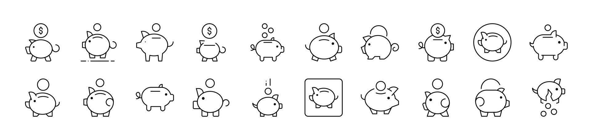 Piggy Bank Outline Picture Collection. Editable Stroke. Perfect for Infographics, Articles, Books, Flyers, Banners vector