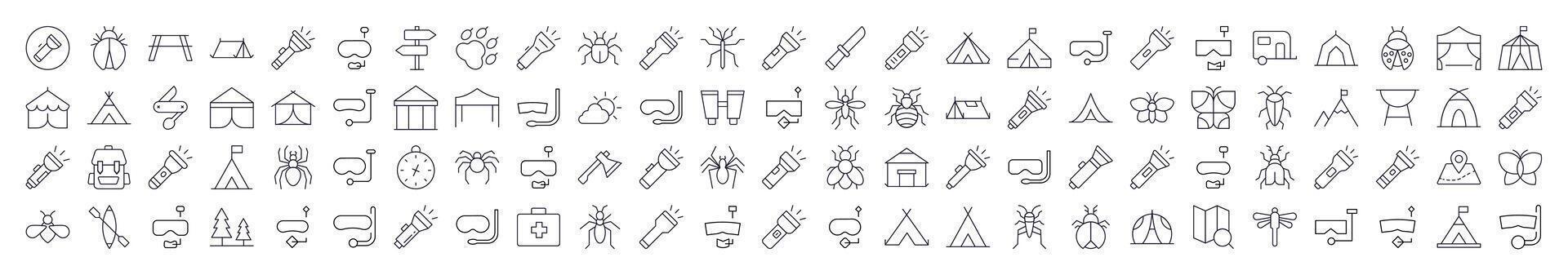 Collection of Camping Related Line Icons. Editable Stroke for Design, Web Sites, Apps, Cards. Contains Linear Images of Flashlight, Diving Mask, Tent, Axe, Insect vector