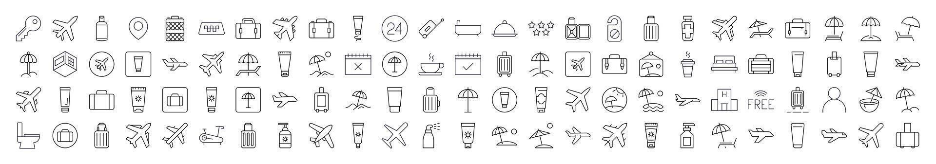 Travel Related Simple Sign Set. Contains Icons of Sunscreen, Umbrella, Baggage, Fitness, Plane for Banners, Infographics, Books, Articles and Other Types of Design vector