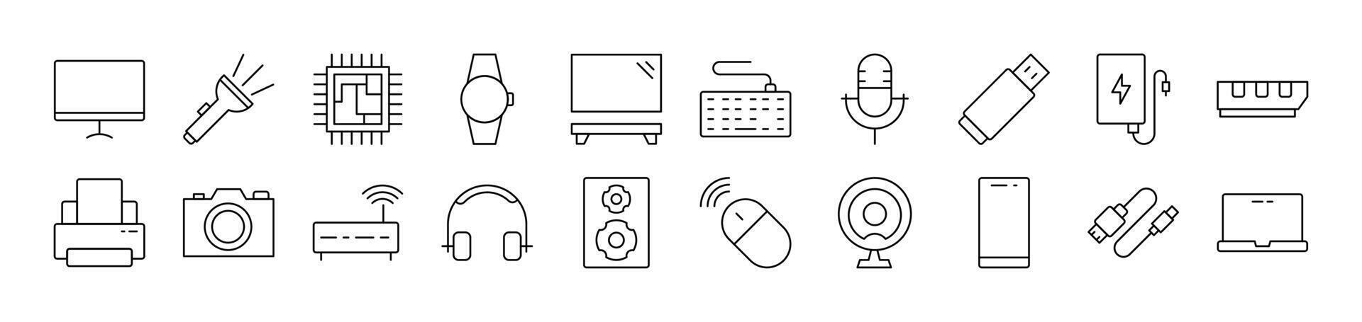 Microphone, USB Cable, Camera, Chip etc Outline Sign Collection. Editable Stroke. Perfect for Infographics, Articles, Books, Flyers, Banners vector