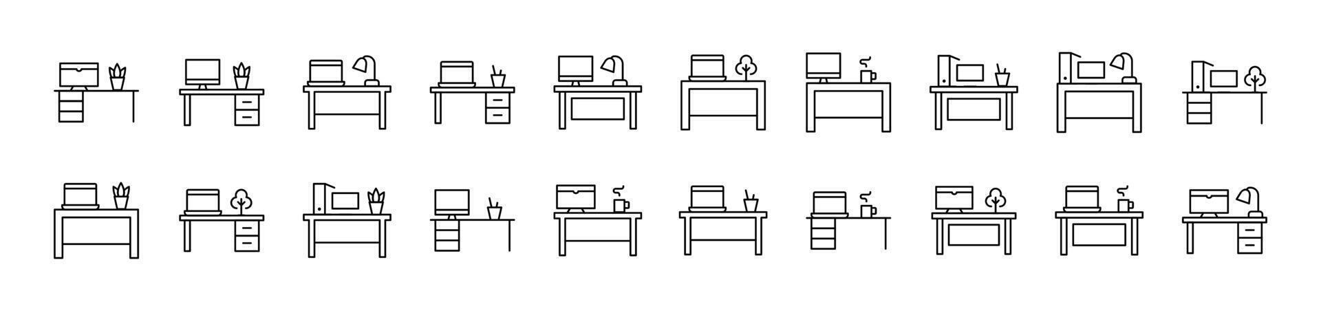 Computer on Table Bundle of Thin Icons. Editable Stroke. Suitable for Web Sites, Books, Cards, Apps vector