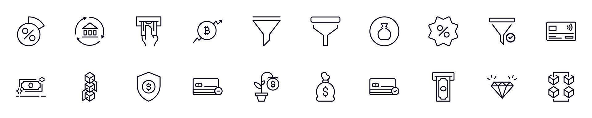 Money, finance, economy linear symbols bundle. Collection for web sites, newspapers, apps, infographics vector