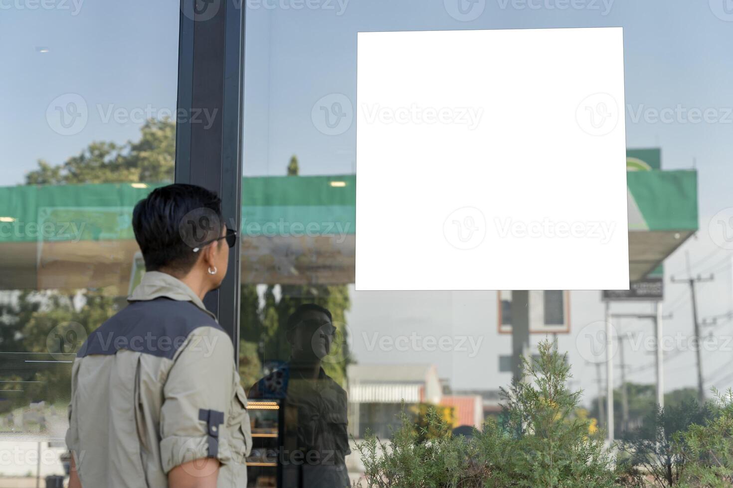 Blank advertising panel. Mock up menu frame standing in Bar restaurant cafe. space for text. photo